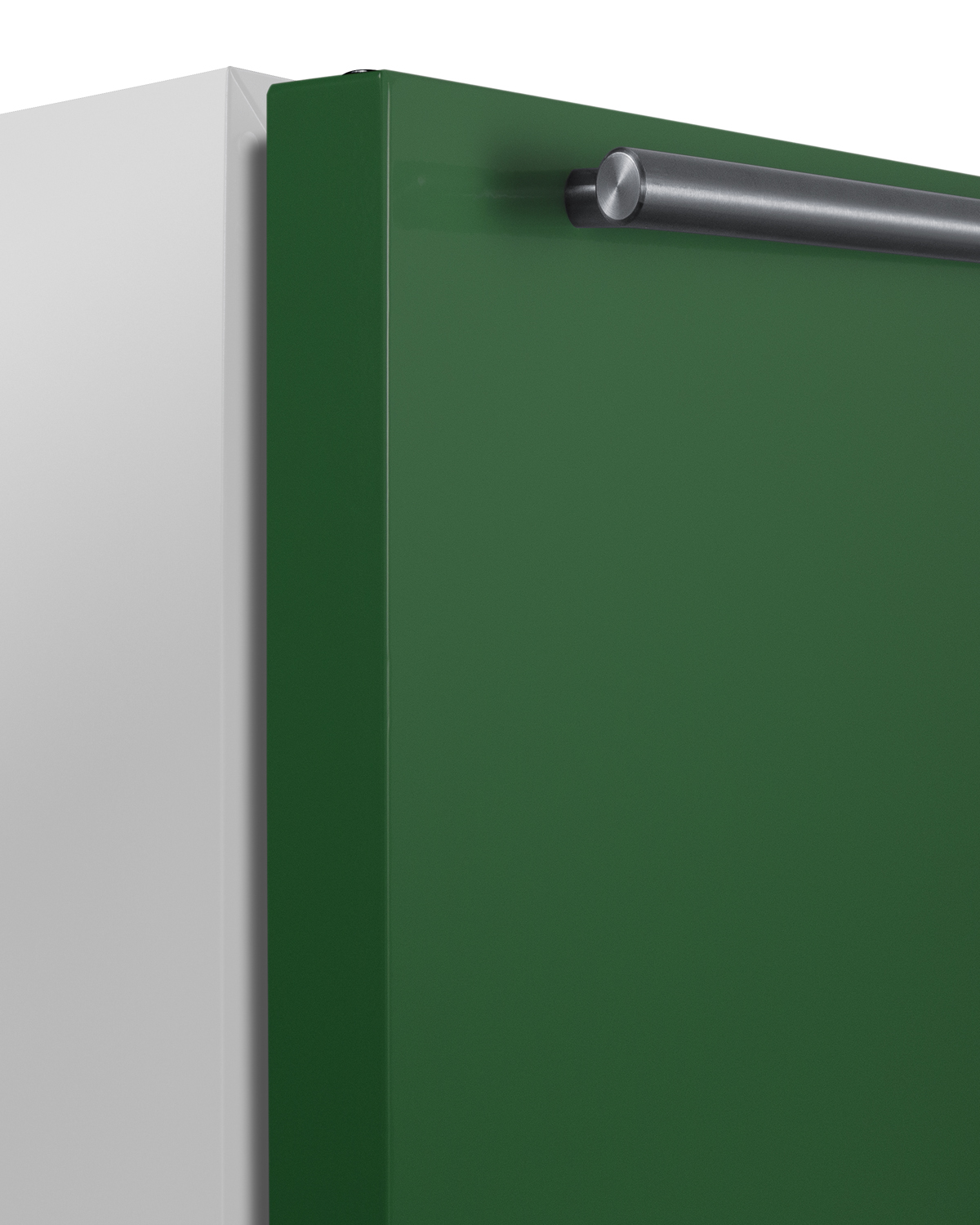 24 in. wide ADA height refrigerator-freezer for residential use with an emerald green door, stainless steel handle, and white cabinet